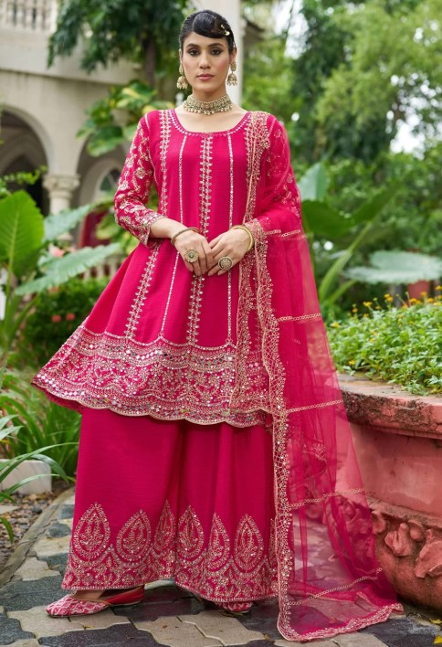 Rani Chinon Readymade Salwar Suit with Embroidered and Mirror Work